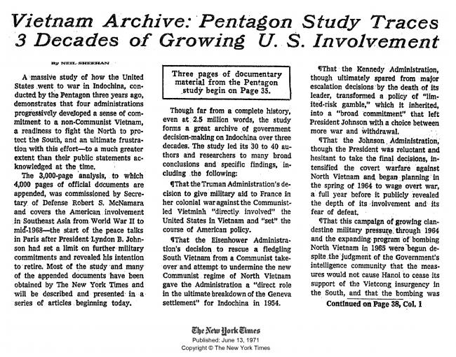 Neil Sheehan, “Vietnam Archive: Pentagon Study Traces 3 Decades of Growing U.S. Involvement”  [Archivo Vietnam. Un informe del Pentágono rastrea tres décadas de la creciente implicación estadounidense], <em>The New York Times</em>, Nueva York, 13 de junio, 1971, p. 1