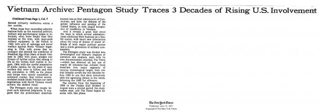 Neil Sheehan, “Vietnam Archive: Pentagon Study Traces 3 Decades of Growing U.S. Involvement”  [Archivo Vietnam. Un informe del Pentágono rastrea tres décadas de la creciente implicación estadounidense], <em>The New York Times</em>, Nueva York, 13 de junio, 1971, p. 38