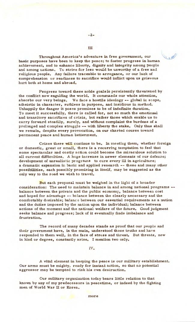 Press Release of farewell address by President Dwight D. Eisenhower, Washington D. C.: The White House, January 17, 1961