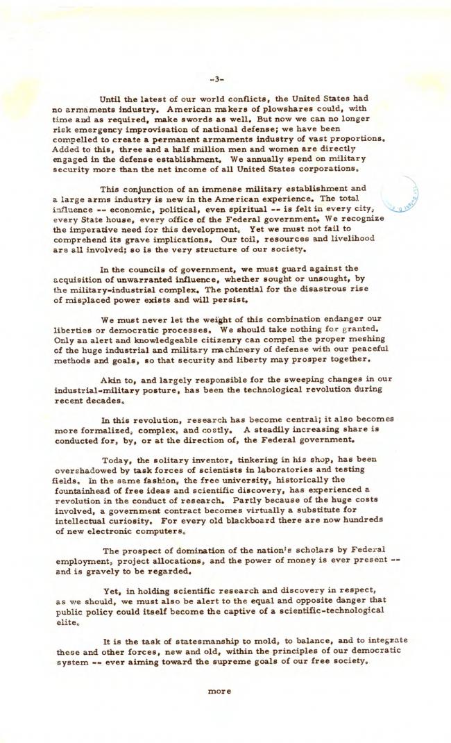Press Release of farewell address by President Dwight D. Eisenhower, Washington D. C.: The White House, January 17, 1961