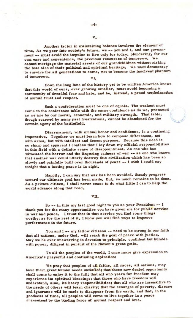 Press Release of farewell address by President Dwight D. Eisenhower, Washington D. C.: The White House, January 17, 1961