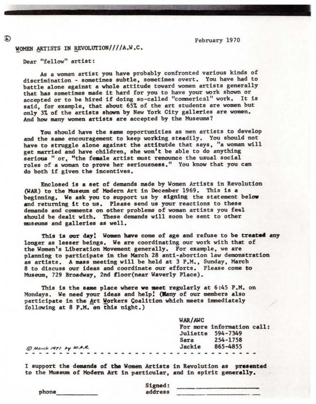 Women Artists in Revolution, <em>A Documentary Herstory of Women Artists in Revolution</em>, New York: Women Artists in Revolution (W.A.R.), 1971.