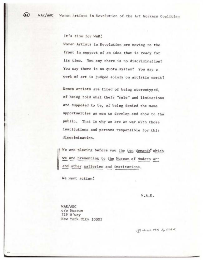 Women Artists in Revolution, <em>A Documentary Herstory of Women Artists in Revolution</em>, New York: Women Artists in Revolution (W.A.R.), 1971