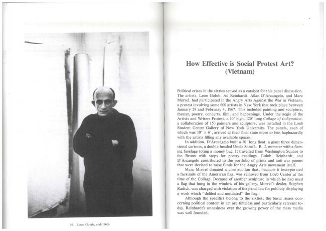 “How Effective Is Social Protest Art? (Vietnam)” [¿Cuán efectivo es el arte de protesta social? (Vietnam)], en Jeanne Siegel (ed.), <em>Artwords: Discourse on the 60s and 70s</em> [Palabras de arte. Discurso sobre los años 60 y 70], Ann Arbor, UMI Research Press, 1985, pp. 101-102