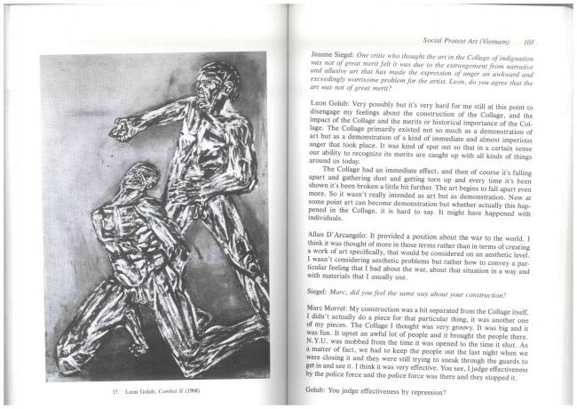 “How Effective Is Social Protest Art? (Vietnam)” [¿Cuán efectivo es el arte de protesta social? (Vietnam)], en Jeanne Siegel (ed.), <em>Artwords: Discourse on the 60s and 70s</em> [Palabras de arte. Discurso sobre los años 60 y 70], Ann Arbor, UMI Research Press, 1985, pp. 102-103