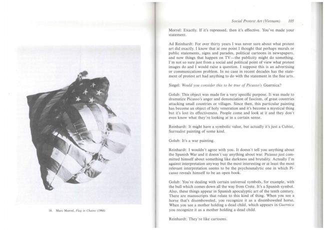 “How Effective Is Social Protest Art? (Vietnam)” [¿Cuán efectivo es el arte de protesta social? (Vietnam)], en Jeanne Siegel (ed.), <em>Artwords: Discourse on the 60s and 70s</em> [Palabras de arte. Discurso sobre los años 60 y 70], Ann Arbor, UMI Research Press, 1985, pp. 104-105