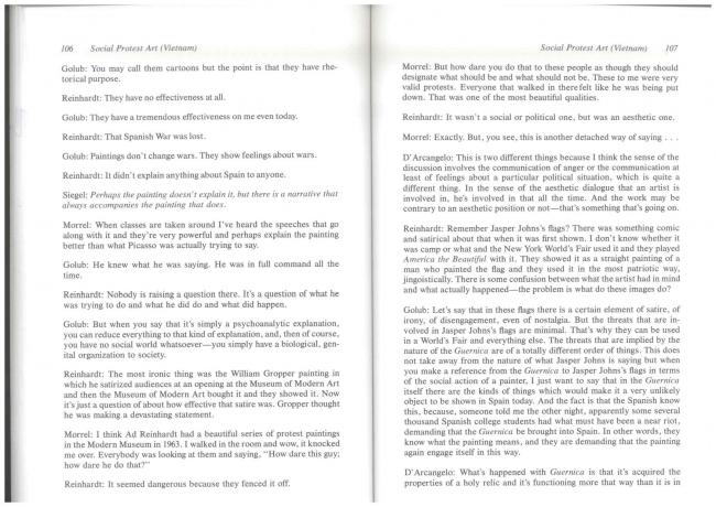 “How Effective Is Social Protest Art? (Vietnam)” [¿Cuán efectivo es el arte de protesta social? (Vietnam)], en Jeanne Siegel (ed.), <em>Artwords: Discourse on the 60s and 70s</em> [Palabras de arte. Discurso sobre los años 60 y 70], Ann Arbor, UMI Research Press, 1985, pp. 106-107
