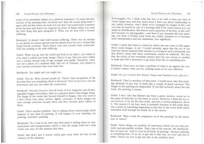 “How Effective Is Social Protest Art? (Vietnam)” [¿Cuán efectivo es el arte de protesta social? (Vietnam)], en Jeanne Siegel (ed.), <em>Artwords: Discourse on the 60s and 70s</em> [Palabras de arte. Discurso sobre los años 60 y 70], Ann Arbor, UMI Research Press, 1985, pp. 108-109