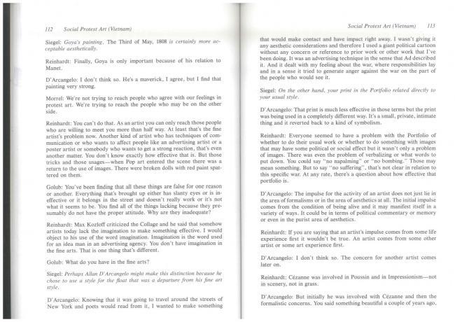 “How Effective Is Social Protest Art? (Vietnam)” [¿Cuán efectivo es el arte de protesta social? (Vietnam)], en Jeanne Siegel (ed.), <em>Artwords: Discourse on the 60s and 70s</em> [Palabras de arte. Discurso sobre los años 60 y 70], Ann Arbor, UMI Research Press, 1985, pp. 112-113
