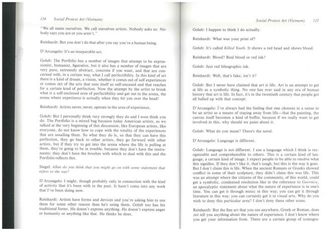 “How Effective Is Social Protest Art? (Vietnam)” [¿Cuán efectivo es el arte de protesta social? (Vietnam)], en Jeanne Siegel (ed.), <em>Artwords: Discourse on the 60s and 70s</em> [Palabras de arte. Discurso sobre los años 60 y 70], Ann Arbor, UMI Research Press, 1985, pp. 114-115