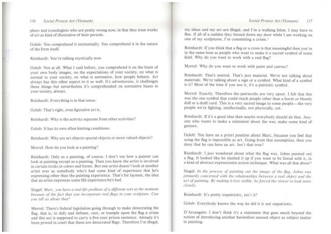 “How Effective Is Social Protest Art? (Vietnam)” [¿Cuán efectivo es el arte de protesta social? (Vietnam)], en Jeanne Siegel (ed.), <em>Artwords: Discourse on the 60s and 70s</em> [Palabras de arte. Discurso sobre los años 60 y 70], Ann Arbor, UMI Research Press, 1985, pp. 116-117