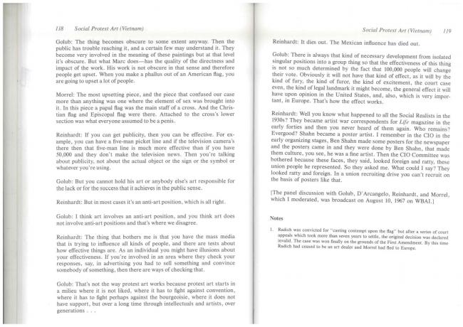 “How Effective Is Social Protest Art? (Vietnam)” [¿Cuán efectivo es el arte de protesta social? (Vietnam)], en Jeanne Siegel (ed.), <em>Artwords: Discourse on the 60s and 70s</em> [Palabras de arte. Discurso sobre los años 60 y 70], Ann Arbor, UMI Research Press, 1985, pp. 118-119