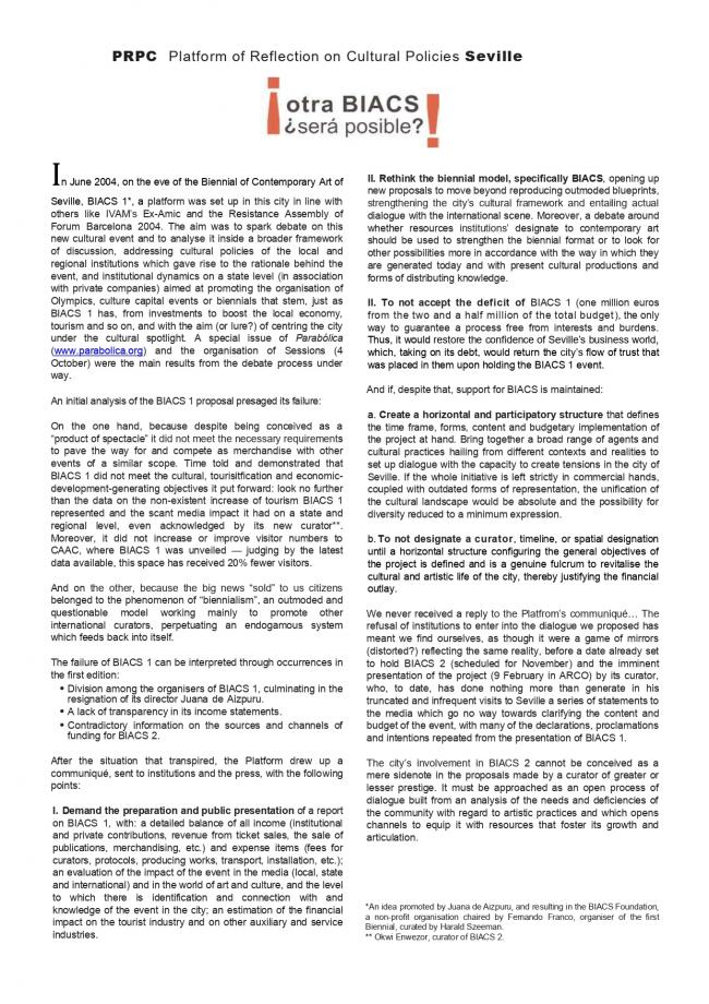 Comunicado de la Platform of Reflection on Cultural Policies [Plataforma de Reflexión sobre Políticas Culturales], <em>¡otra BIACS ¿será posible?!</em>, Sevilla, 1 de febrero, 2006