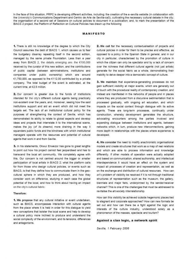 Platform of Reflection on Cultural Policies [Plataforma de Reflexión sobre Políticas Culturales], <em>Manifesto</em> [Manifiesto], Sevilla, 1 de febrero, 2006