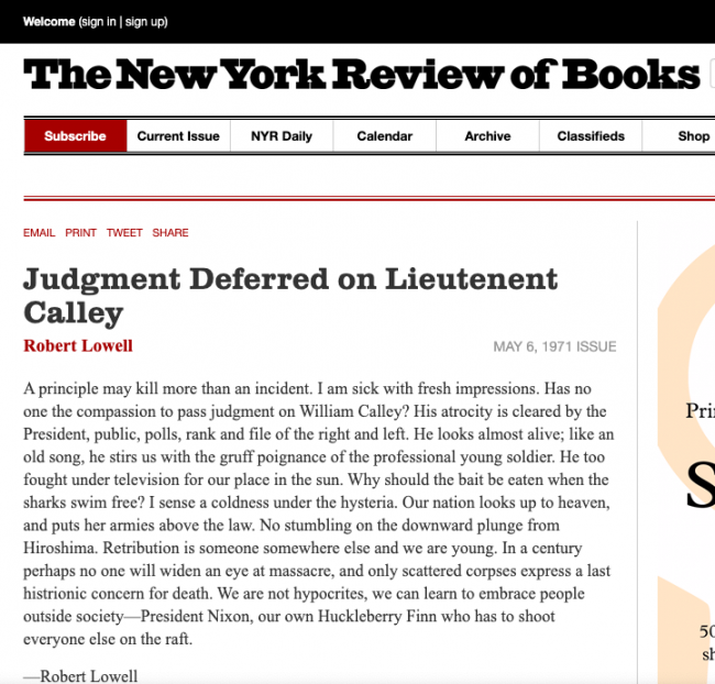 Robert Lowell, “Judgment Deferred on Lieutenant Calley”, <em>The New York Review of Books</em>, New York, May 6, 1971