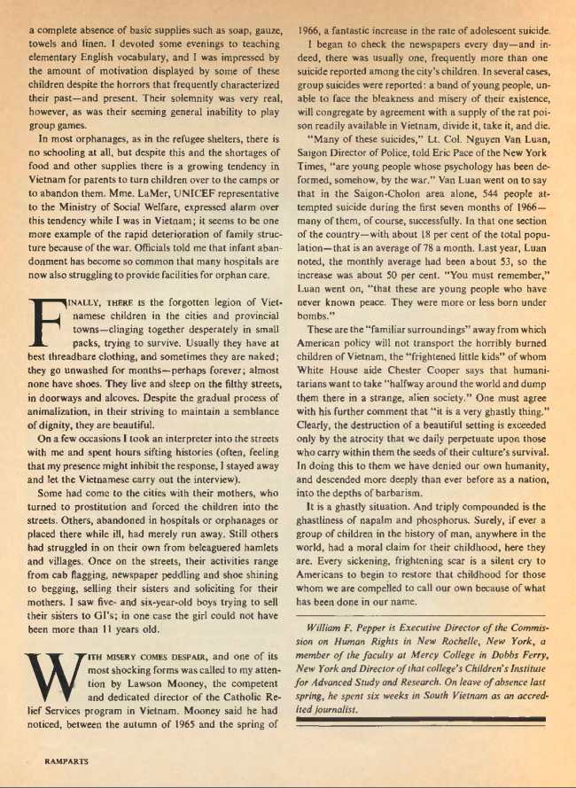 William F. Pepper y Benjamin Spock, "The Children of Vietnam” [Los niños de Vietnam], <em>Ramparts</em>, San Diego, vol. 5, n.º 7, enero, 1967, pp. 44-68