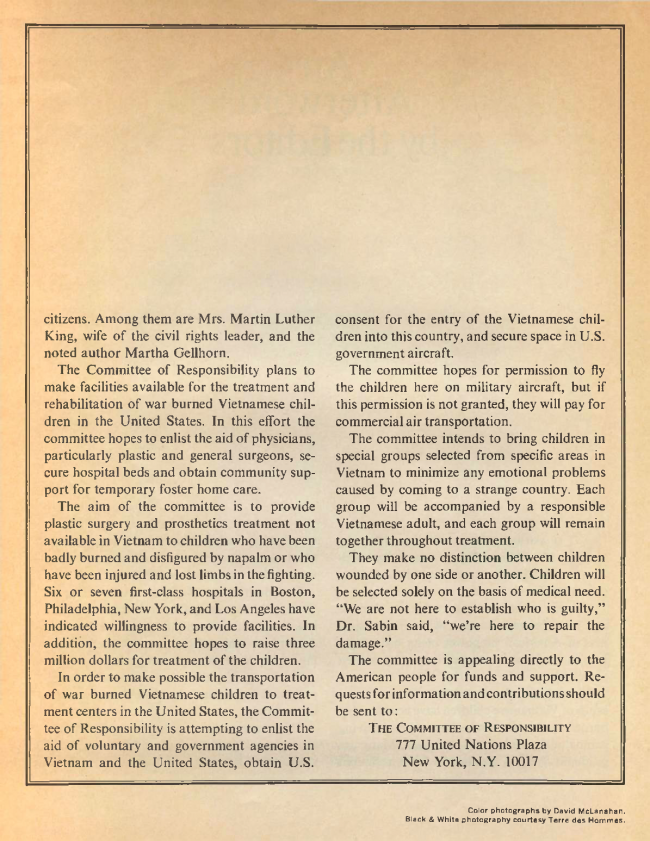 William F. Pepper y Benjamin Spock, "The Children of Vietnam” [Los niños de Vietnam], <em>Ramparts</em>, San Diego, vol. 5, n.º 7, enero, 1967, pp. 44-68