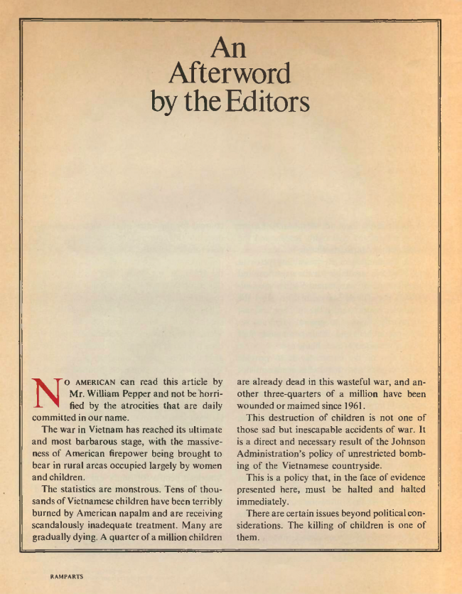 William F. Pepper y Benjamin Spock, "The Children of Vietnam” [Los niños de Vietnam], <em>Ramparts</em>, San Diego, vol. 5, n.º 7, enero, 1967, pp. 44-68