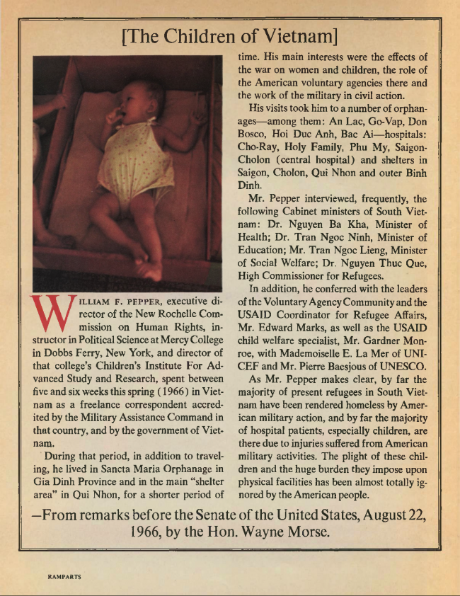 William F. Pepper y Benjamin Spock, "The Children of Vietnam” [Los niños de Vietnam], <em>Ramparts</em>, San Diego, vol. 5, n.º 7, enero, 1967, pp. 44-68