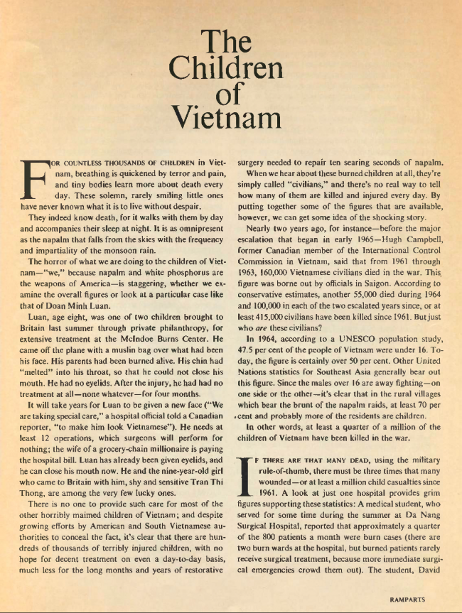 William F. Pepper y Benjamin Spock, "The Children of Vietnam” [Los niños de Vietnam], <em>Ramparts</em>, San Diego, vol. 5, n.º 7, enero, 1967, pp. 44-68