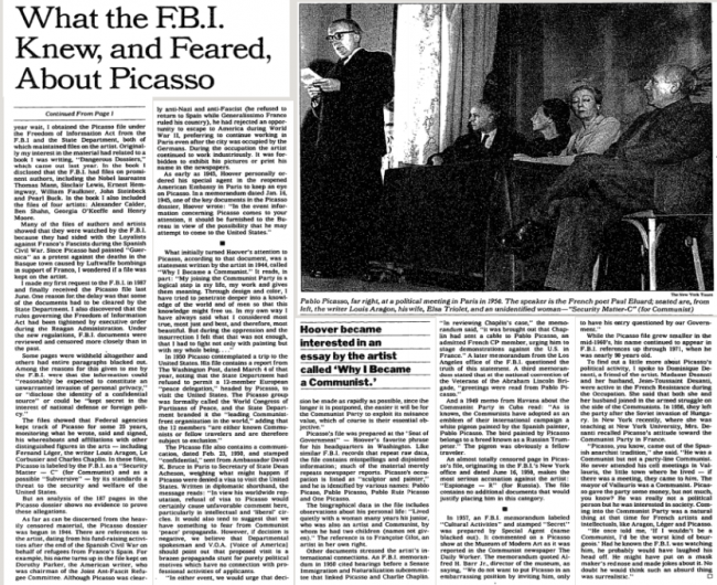 Herbert Mitgang, “When Picasso Spooked the FBI”, <em>The New York Times</em>, New York, November 11, 1990, 39