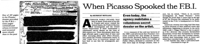 Herbert Mitgang, “When Picasso Spooked the FBI”, <em>The New York Times</em>, New York, November 11, 1990, 1