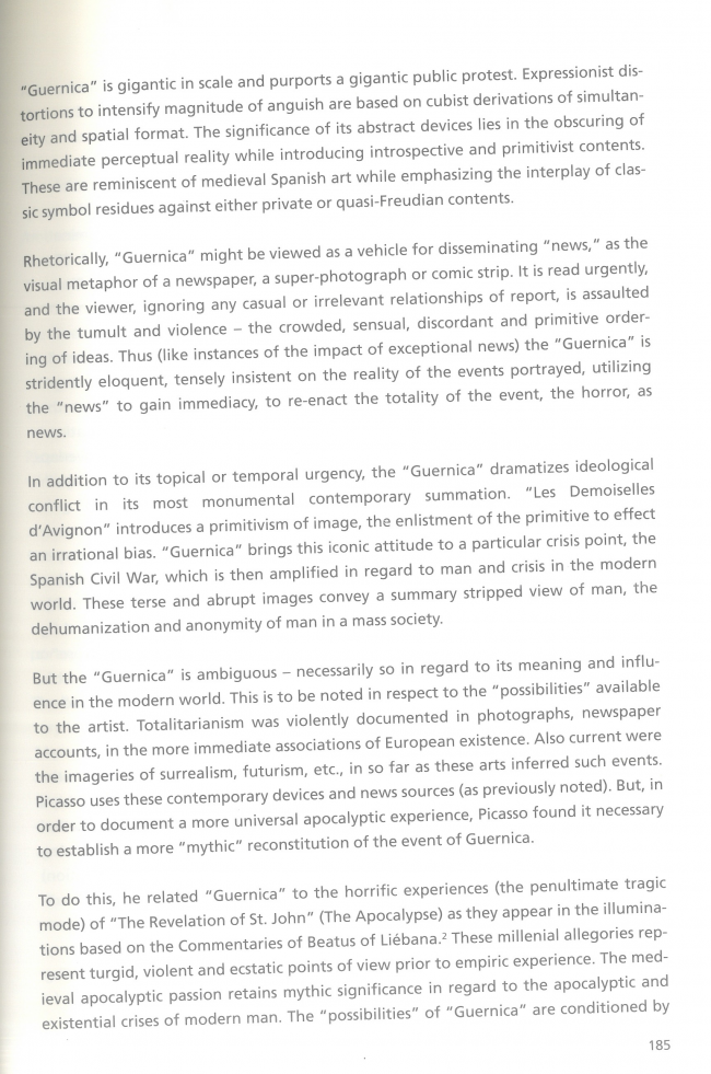 Leon Golub, “Guernica, the Apocalypse of Saint-Sever” [Guernica, Apocalipsis de Saint-Sever], en Hans-Ulrich Obrist (ed.), <em>Leon Golub: Do Paintings Bite? Selected Texts 1948-1996</em> [Leon Golub. ¿Las pinturas muerden? Textos seleccionados 1948-1966], Ostfildern, Hatje Cantz, 1997, p. 185