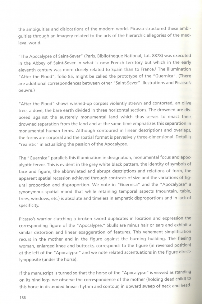 Leon Golub, “Guernica, the Apocalypse of Saint-Sever” [Guernica, Apocalipsis de Saint-Sever], en Hans-Ulrich Obrist (ed.), <em>Leon Golub: Do Paintings Bite? Selected Texts 1948-1996</em> [Leon Golub. ¿Las pinturas muerden? Textos seleccionados 1948-1966], Ostfildern, Hatje Cantz, 1997, p. 186