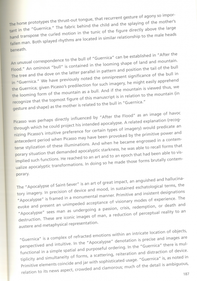 Leon Golub, “Guernica, the Apocalypse of Saint-Sever” [Guernica, Apocalipsis de Saint-Sever], en Hans-Ulrich Obrist (ed.), <em>Leon Golub: Do Paintings Bite? Selected Texts 1948-1996</em> [Leon Golub. ¿Las pinturas muerden? Textos seleccionados 1948-1966], Ostfildern, Hatje Cantz, 1997, p. 187