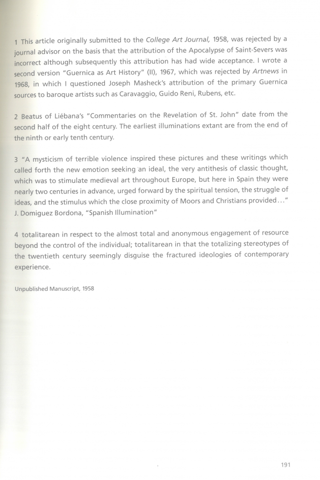 Leon Golub, “Guernica, the Apocalypse of Saint-Sever” [Guernica, Apocalipsis de Saint-Sever], en Hans-Ulrich Obrist (ed.), <em>Leon Golub: Do Paintings Bite? Selected Texts 1948-1996</em> [Leon Golub. ¿Las pinturas muerden? Textos seleccionados 1948-1966], Ostfildern, Hatje Cantz, 1997, p. 191