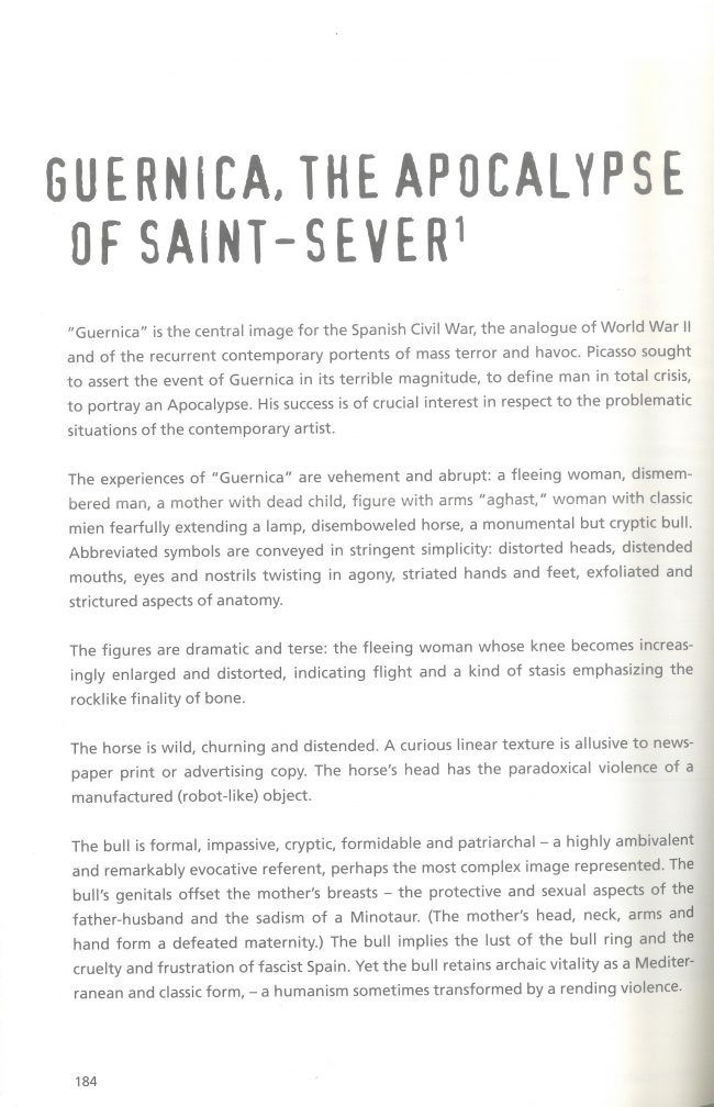 Leon Golub, “Guernica, the Apocalypse of Saint-Sever” [Guernica, Apocalipsis de Saint-Sever], en Hans-Ulrich Obrist (ed.), <em>Leon Golub: Do Paintings Bite? Selected Texts 1948-1996</em> [Leon Golub. ¿Las pinturas muerden? Textos seleccionados 1948-1966], Ostfildern, Hatje Cantz, 1997, p. 184