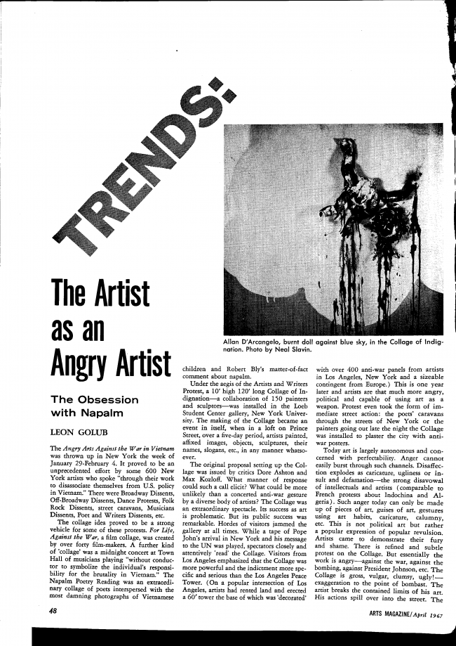 Leon Golub, "The Artist as an Angry Artist: The Obsession with Napalm”, <em>Arts Magazine</em>, New York, vol. 41, no. 6, (April 1967): 48