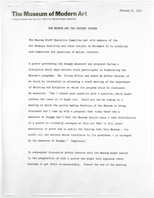 Nota de prensa <em>The Museum and the Protest Poster</em>[El Museo y el póster protesta], Nueva York, 8 de enero, 1970 