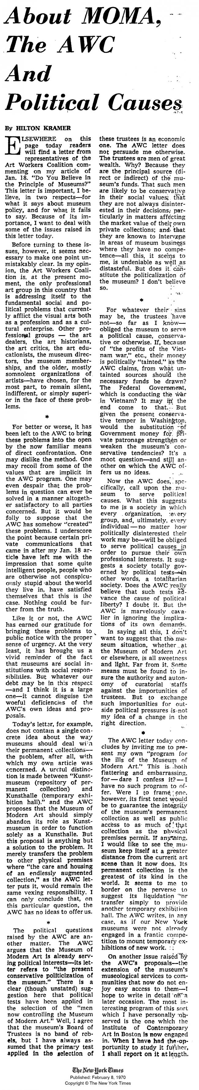 Hilton Kramer, "About MOMA, The AWC And Political Causes" [Sobre MOMA, la AWC y causas políticas], <em>The New York Times</em>, 8 de febrero, 1970, p. 107