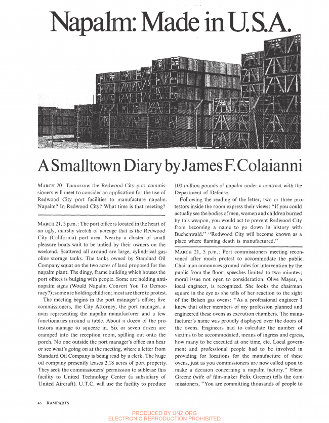 James F. Colaianni, “Napalm: Made in USA. A Small-Town Diary” [Napalm. Fabricado en EE. UU. Diario de un pequeño pueblo], <em>Ramparts</em>, San Diego, vol. 5, n.º 3, agosto, 1966, p. 46
