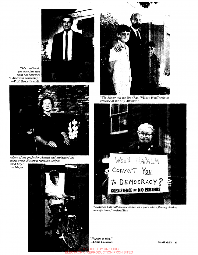 James F. Colaianni, “Napalm: Made in USA. A Small-Town Diary” [Napalm. Fabricado en EE. UU. Diario de un pequeño pueblo], <em>Ramparts</em>, San Diego, vol. 5, n.º 3, agosto, 1966, p. 49