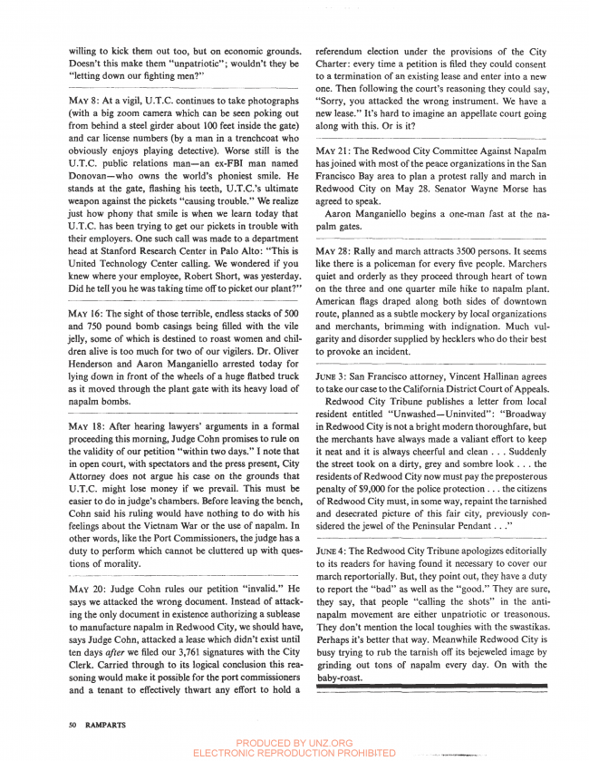 James F. Colaianni, “Napalm: Made in USA. A Small-Town Diary” [Napalm. Fabricado en EE. UU. Diario de un pequeño pueblo], <em>Ramparts</em>, San Diego, vol. 5, n.º 3, agosto, 1966, p. 50