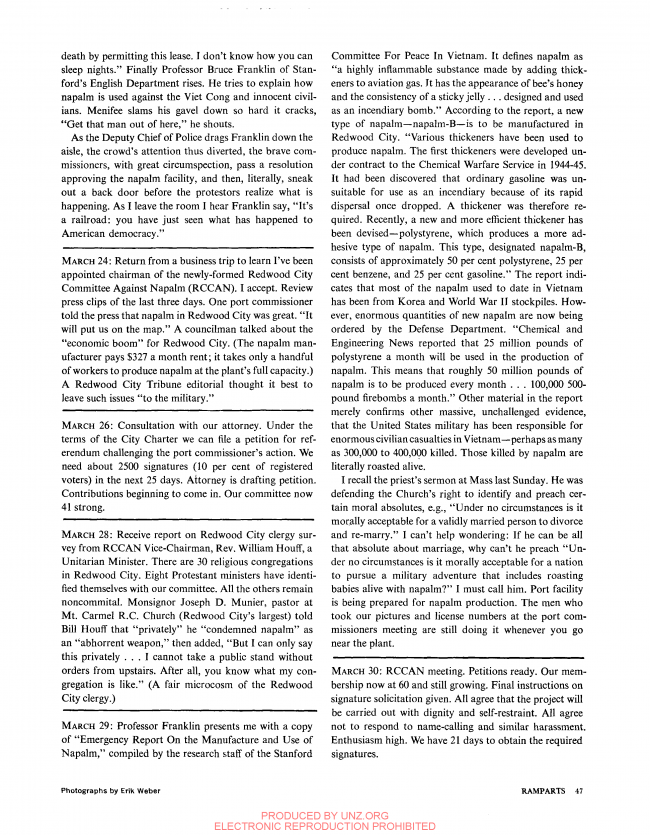 James F. Colaianni, “Napalm: Made in USA. A Small-Town Diary” [Napalm. Fabricado en EE. UU. Diario de un pequeño pueblo], <em>Ramparts</em>, San Diego, vol. 5, n.º 3, agosto, 1966, p. 47