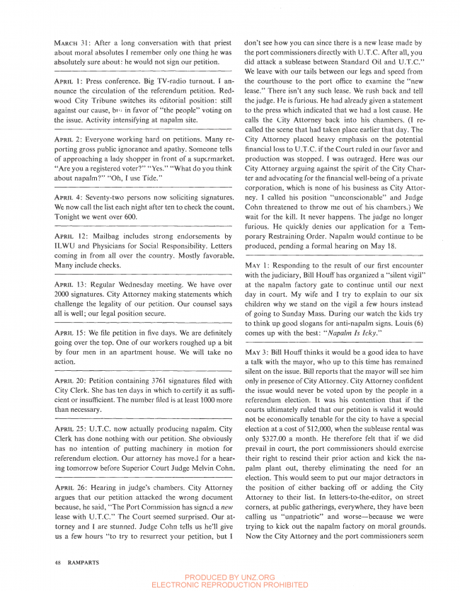 James F. Colaianni, “Napalm: Made in USA. A Small-Town Diary” [Napalm. Fabricado en EE. UU. Diario de un pequeño pueblo], <em>Ramparts</em>, San Diego, vol. 5, n.º 3, agosto, 1966, p. 48