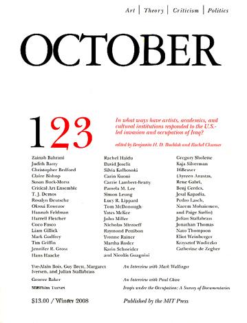  “In what ways have artists, academics, and cultural institutions responded to the U.S. led invasion and occupation of Iraq?” [¿De qué forma han respondido artistas, académicos e instituciones culturales a la invasión y ocupación de Irak por EE. UU?], <em>October</em>, Boston, n.º 123, invierno, 2008 