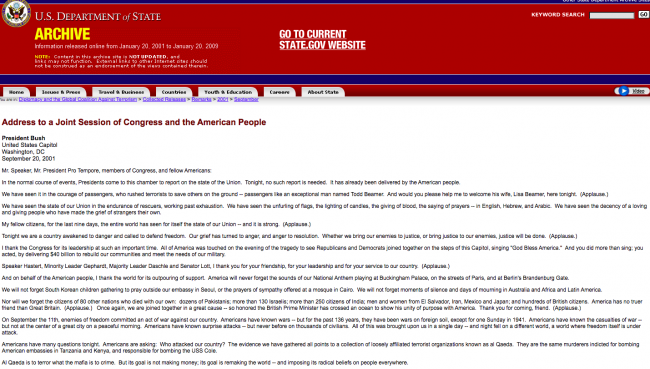 El presidente George W. Bush se dirige a la sesión conjunta del Congreso, 20 de septiembre, 2001
