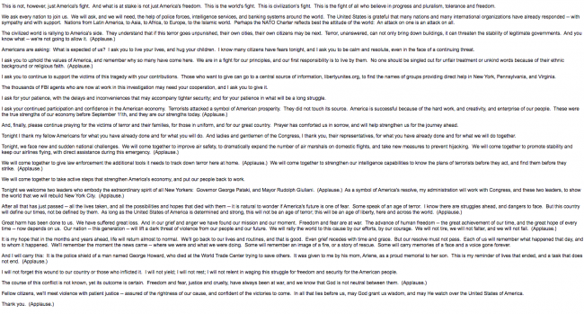 El presidente George W. Bush se dirige a la sesión conjunta del Congreso, 20 de septiembre, 2001