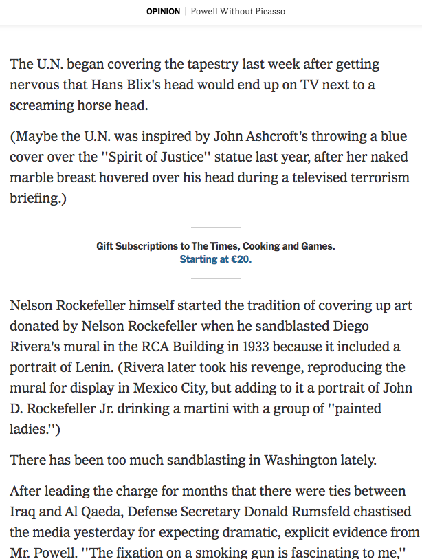 Maureen Dowd, “Powell Without Picasso" [Powell sin Picasso], <em>The New York Times</em>, Nueva York, 5 de febrero, 2003, p. 27