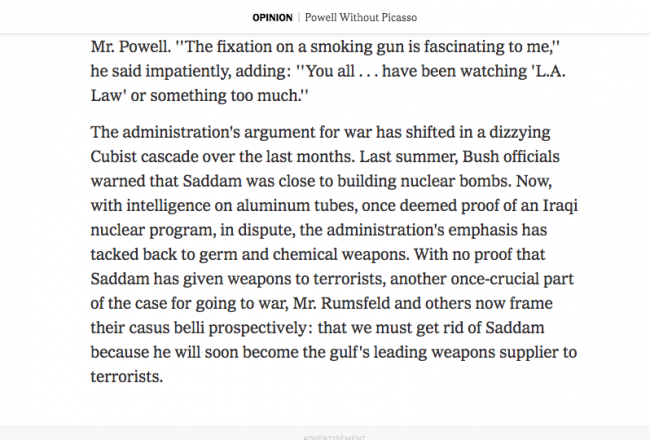 Maureen Dowd, “Powell Without Picasso" [Powell sin Picasso], <em>The New York Times</em>, Nueva York, 5 de febrero, 2003, p. 27