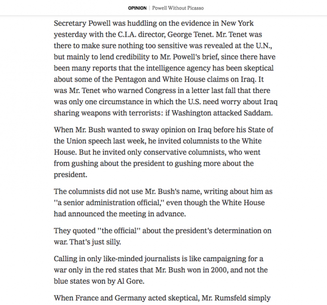 Maureen Dowd, “Powell Without Picasso" [Powell sin Picasso], <em>The New York Times</em>, Nueva York, 5 de febrero, 2003, p. 27