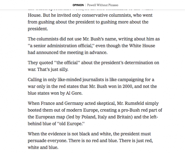 Maureen Dowd, “Powell Without Picasso" [Powell sin Picasso], <em>The New York Times</em>, Nueva York, 5 de febrero, 2003, p. 27