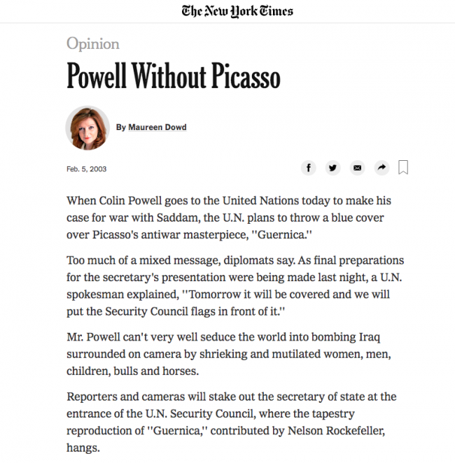 Maureen Dowd, “Powell Without Picasso" [Powell sin Picasso], <em>The New York Times</em>, Nueva York, 5 de febrero, 2003, p. 27