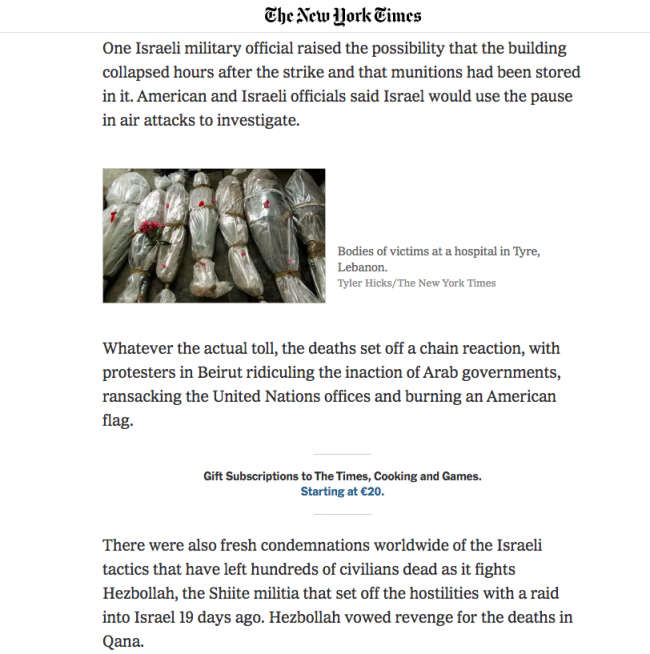 Steven Erlanger and Hassan M. Fattah, “Israel Suspending Lebanon Air Raids After Dozens Die” , <em>The New York Times</em>, New York, July 31, 2006