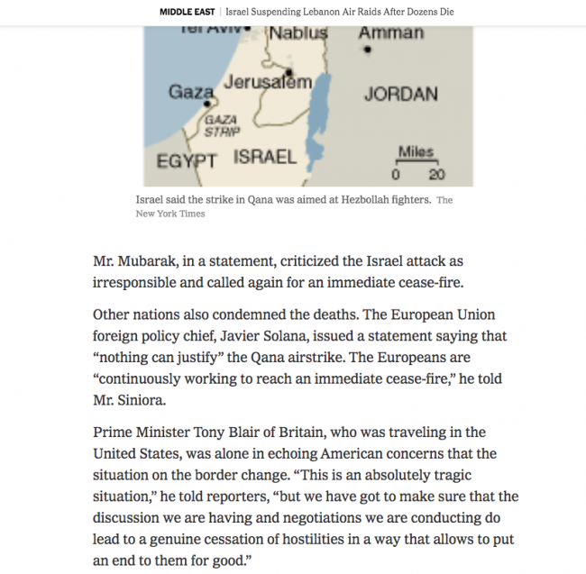 Steven Erlanger and Hassan M. Fattah, “Israel Suspending Lebanon Air Raids After Dozens Die” , <em>The New York Times</em>, New York, July 31, 2006