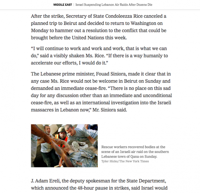 Steven Erlanger and Hassan M. Fattah, “Israel Suspending Lebanon Air Raids After Dozens Die” , <em>The New York Times</em>, New York, July 31, 2006